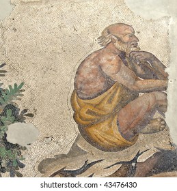 Ancient Byzantine Mosaic From The Great Palace Of An Old Muscular Man In A Robe Sitting Down Contemplating