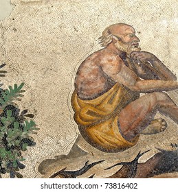 Ancient Byzantine Mosaic From The Great Palace Of An Old Muscular Man In A Robe Sitting Down Contemplating