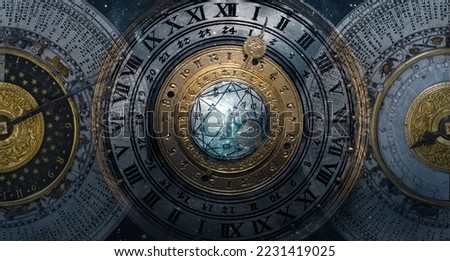 Ancient calendar with constellations and astronomical instruments against the background of stars. Symbol of science, astronomy, astrology, mystery, education, mysticism, numerology, occultism.