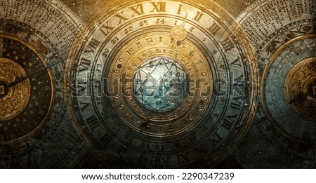Ancient calendar with constellations and astronomical instruments. Symbol of science, astronomy, astrology, mystery, education, mysticism, numerology, occultism, divination, philosophy. 