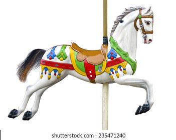 An ancient carousel horse isolated on white