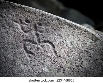 Ancient carved stone boulder  Taino Indians coqui frog symbol  The Written Stone La Piedra Escrita in Jayuya Puerto Rico