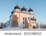 The ancient Cathedral of the Nativity of Christ (1562) close-up on a sunny February morning. Kargopol. Arkhangelsk region, Russia