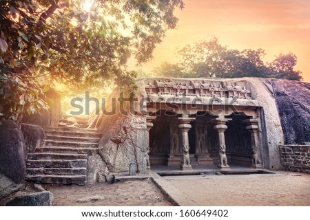 Ancient cave with columns in Mamallapuram complex, Tamil Nadu, India