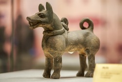 Ancient Chinese Cultural Relics From The Han Dynasty In The Museum, Clay Dog Statues