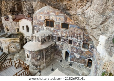 Ancient christian frescoes inside the Rock Church at Sumela Monastery in Trabzon, Turkey. Historic chapel covered with old christian icons inside the monastery