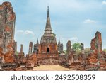 Ancient city Ayutthaya with Wat Phra Si Sanphet temple with big Chedi and ruined buildings in Ayuthaya historical park, Thailand, Asia. Historical Buddhist architecture in ancient capital of Siam