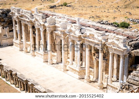 The ancient city of Hierapolis in Pamukkale. The ancient theater of Hierapolis, thousands of years old. Great theater structure in Pamukkale.