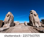 Ancient city of Alacahöyük, monumental gate with sphinx dating back to the Hittite imperial age. Turkey Corum Alaca