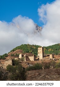An ancient city on a rock. Medieval tower complex Egical, one of the authentic medieval castle-type tower villages, located on the extremity of the mountain range in Ingushetia, Russia.  - Shutterstock ID 2246337929