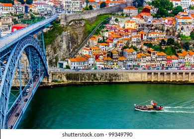 Ancient city Porto,metallic Dom Luis bridge