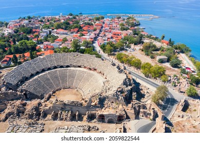 The Ancient City of Side. Port. Peninsula. Turkey. Manavgat. Antalya. The largest amphitheater in Turkey. The main street of the ancient city. Mediterranean Sea. View from above - Shutterstock ID 2059822544