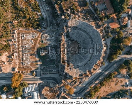 The Ancient City of Side. Port. Peninsula. Turkey. Manavgat. Antalya. The largest amphitheater in Turkey. The main street of the ancient city. Mediterranean Sea. View from above