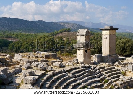 Ancient city of Xanthos in turkey. Stone columns with decoration and decor. Ruins of ancient Greek civilization, stone objects of culture and art.