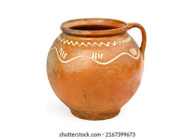 Ancient Clay Pot With Ornament, Pattern On White Background