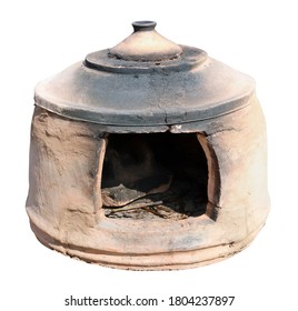 Ancient Clay Rustic Oven For Frying Bread. Isolated On White