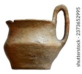 An ancient clay vase with a handle from the Bronze Age on a white background