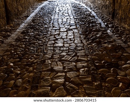 Ancient cobblestone road texture in a dark medieval fortress tunnel.