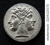 Ancient coin showing two-headed Roman god Janus, 225-214 BC. Old money, silver didrachm isolated on dark background, macro top view. Concept of Rome, vintage coin texture, face, artifact and history.