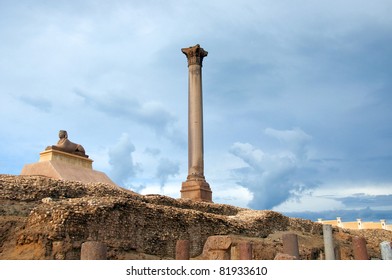 Ancient Column And Sphinx On The Hill, Alexandria, Egypt