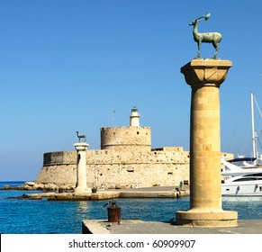 Ancient Columns In The Port Of Rhodes. Greece