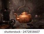 ancient cooper tea kettle in hearth kitchen