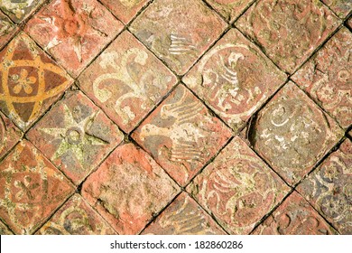 Ancient Decorative Quarry Tile Floor, Depicting Birds, Flowers And Stars.