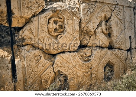 Ancient decorative stone blocks featuring intricate carvings and weathered reliefs. Sandstone surface detailed with geometric patterns and symbolic motifs. Baalbek, Beqaa valley, Lebanon