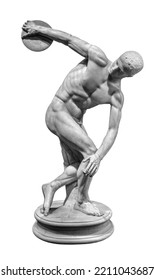 Ancient Discobolus Or Discus Thrower Statue Of Myron Isolated. Classic Greek Sculpture Depicts A Youthful Male Athlete Throwing A Discus