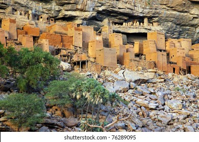 Ancient Dogon And Tellem Houses On The Bandiagara Escarpment In Mali With Trees