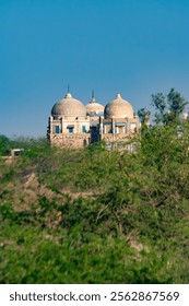 Ancient domed structure surrounded by lush greenery under a clear blue sky, highlighting the historic and architectural charm of Pakistan’s cultural heritage.