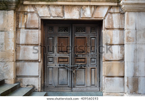 Ancient Double Wooden Doors Lock Chain Stock Photo Edit Now