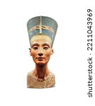 Ancient Egyptian bust of Nefertiti isolated, famous antique painted statue of woman 