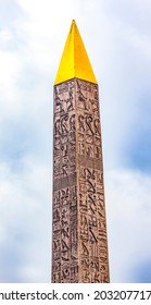 Ancient Egyptian Obelisk Hieroglyphs Place de la Concorde Paris France Originally from Luxor Egypt, 3,300 year old obelisk came to Paris in 1833.  Gold cap added in 1998. Location of Gullotine
