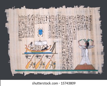 Ancient Egyptian Papyrus With Nile Boat, Goddess And Hieroglyphs