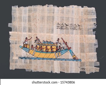 Ancient Egyptian Papyrus With Painting Of Nile Boat And Hieroglyphs