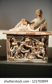 Ancient Etruscan Art. Painted Terracotta Cienrary  Urns. Sarcophagus Of Chiusi, Tuscany.