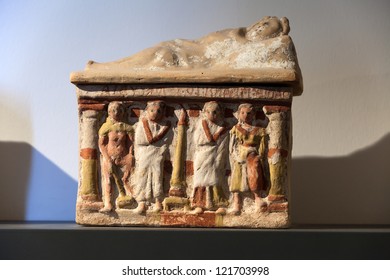 Ancient Etruscan Art. Painted Terracotta Cienrary  Urns. Sarcophagus Of Chiusi, Tuscany.