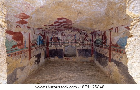 Ancient Etruscan Tombs of Tarquinia in Italy. Painted funeral chambers.