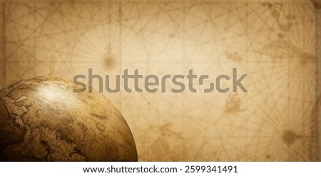 Ancient globe on the old map background. Retro style. Science, education, travel, vintage background. History and geography team.
