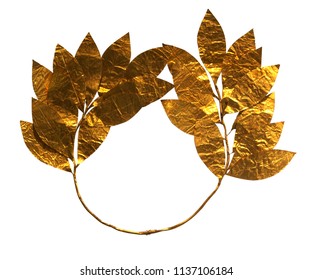 Ancient Golden Laurel Wreath At The Head Isolated On The White Background