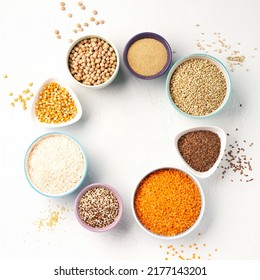 Ancient Grain Food. Gluten Free, Healthy Eating, Dieting, Balanced Food Concept. Cereals Gluten-free, Millet, Quinoa, Polenta, Buckwheat, Rice, Chickpea On White Background.