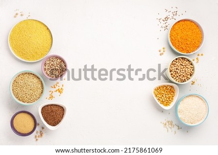 Ancient grain food. Gluten free, Healthy eating, dieting, balanced food concept. Cereals gluten-free, millet, quinoa, polenta, buckwheat, rice, chickpea on white background.