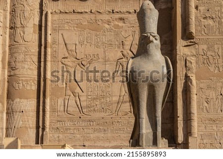 An ancient granite statue of a falcon in a crown on the background of the Temple of Horus in Edfu. Full-face view. Carved drawings of gods and hieroglyphs are visible on the stone wall. Egypt
