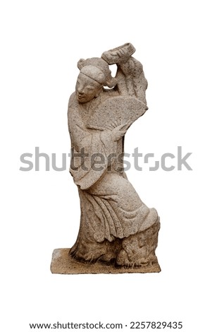 Ancient granite stone sculpture of a Chinese woman dancing with a fan isolated on white background. Ancient Stone Chinese woman sculpture in Wat Pho temple in Bangkok, Thailand. 