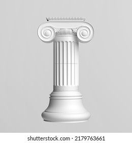Antigua columna griega con una capital aislada en un fondo gris. Modelo Render 3d
