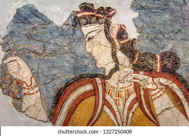 Ancient Greek fresco of woman. Remains of culture of past civilization in Greece. Beautiful wall painting, hellenistic Greek art. Cracked mural close-up. Athens history and archaeological antiquity.