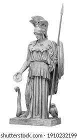 Ancient Greek Roman statue of goddess Athena god of wisdom and the arts historical sculpture isolated on white. Marble woman in helmet sculpture