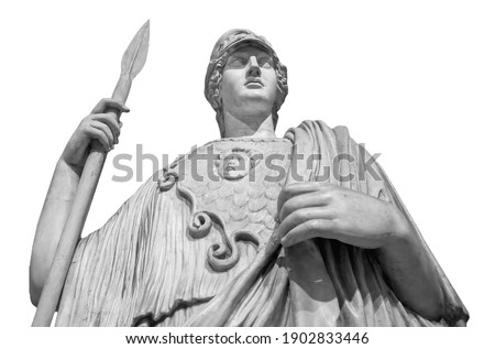 Ancient Greek Roman statue of goddess Athena god of wisdom and the arts historical sculpture isolated on white. Marble woman in helmet sculpture