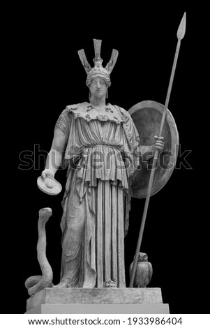Ancient Greek Roman statue of goddess Athena god of wisdom and the arts historical sculpture isolated on black. Marble woman in helmet sculpture